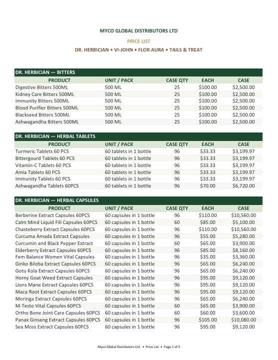 MYCO GLOBAL DISTRIBUTORS LTD Price List cover