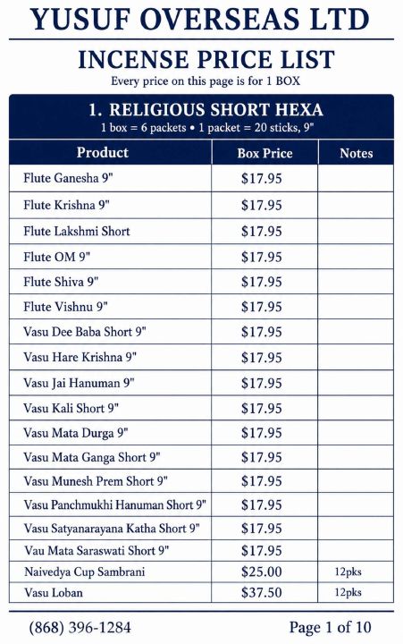 Yusuf Overseas Incense Price List cover