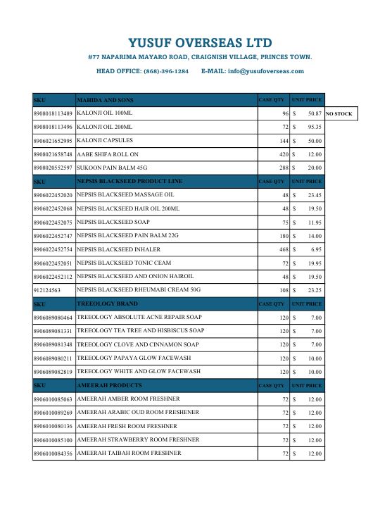 Yusuf Overseas Price List cover